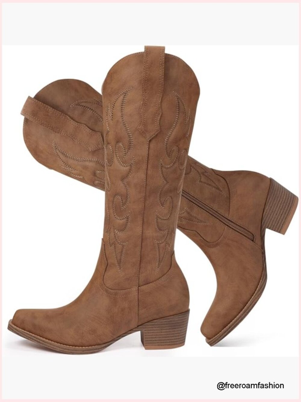 Knee High Wide Calf Cowgirl Boots with Chunky Heel Snip Toe Side Zipper - Picture 1 of 7